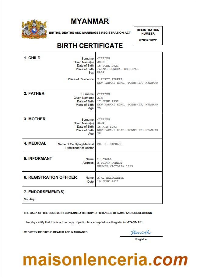 Plantilla PSD de certificado de matrimonio de Myanmar